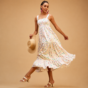 Vestido Maxi Premium para Mujer, de Algodón Tejido, con Cuello Fruncido, Estampado, Sin Mangas, Cintura Natural, para Verano, Vacaciones, Casual, Fabricante OEM - Product Image 2