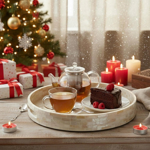 NHAT MINH MP88 <b>Round</b> Mother-of-Pearl Inlaid Serving <b>Tray</b> with Fish Pattern Bohemian Design for Holding Glasses Family Kitchen - Product Image 2