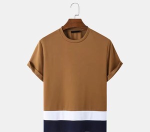 T-shirt à manches courtes pour homme, col rond, couleur unie, tissu tricoté, coupe classique, style décontracté - Product Image 1