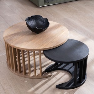 Vandana Golden Vision set of two round coffee tables in <b>sandblasted</b> brown and black mango wood - Product Image 6