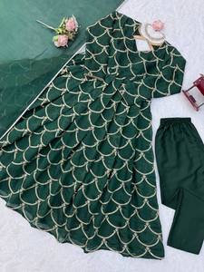ชุดเดรส Anarkali สีเขียวมรกตปักลายสำหรับผู้หญิง พร้อมผ้าคลุมไหล่เข้าชุด ดีไซน์เนอร์สำหรับงานแต่งงานและงานเฉลิมฉลอง ขายส่ง - Product Image 6