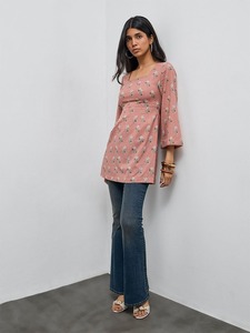 Trendy Women Dusty Rose Floral Printed <b>Long</b> <b>Top</b> <b>Square</b> <b>Neck</b> Empire Waist Flared Tunic Stylish Bohemian Casual Wear - Product Image 1