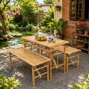 Natural Bamboo Picnic Table <b>Set</b> with Benches Eco Friendly Bamboo Furniture for Garden Cafe Wholesale Kingcraftviet - Product Image 1