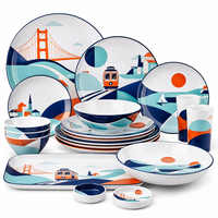 Collection de plats ovales ornés bleus et blancs avec bols pour buffet, restaurant, traiteur, service de banquet, ensemble de vaisselle en mélamine