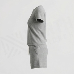 Ensemble de shorts en coton gris pour femmes, 2 pièces, t-shirt à manches courtes col rond et shorts au-dessus du genou, tenue décontractée quotidienne, couleur unie - Product Image 3