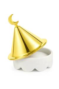 Olla de Cerámica Blanca para Calentar Alimentos con Tapa Cónica Dorada y Diseño de Luna Creciente - Product Image 1