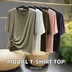 T-shirt uni en modal grande taille pour femme, col rond, manches courtes, haut décontracté d'été, coupe ample et oversize, idéal pour la maison - Product Image 4