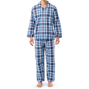 Pyjama à carreaux bleus et blancs pour hommes, en coton respirant, à manches longues, facile d'entretien, confortable, vêtements de nuit pour hommes - Product Image 1