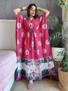 Women's 100% Cotton Printed Kaftan Vintage Floral Loose Fit Knee V Neck Casual Party Wear Anti-Wrinkle Summer Autumn Spring - Product Image 2
