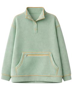 เสื้อสเวตเชิ้ตผู้หญิงสีเขียวเซจ ทรงโอเวอร์ไซส์ ผ้าฟลีซ คอปกติดกระดุม กระเป๋าคางูโร แต่งขอบตัดสี หนานุ่ม แบบสั่งทำพิเศษ - Product Image 1