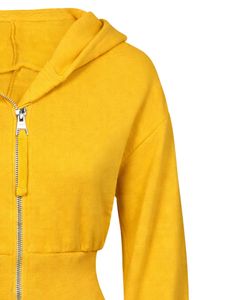 Womens Mustard Yellow <b>Cropped</b> <b>Zip</b> <b>Up</b> Hoodie Slim Fit Long Sleeve Casual Streetwear Cotton Fleece Sweatshirt Custom Logo ODM - Product Image 4