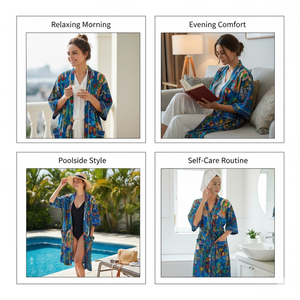 Bata Kimono de Algodón con Diseño Floral Hecha a Mano |   Ropa de dormir de manga larga con cuello en V para mujer con bolsillos |   Obra Maestra Sostenible de Larga Duración - Product Image 6