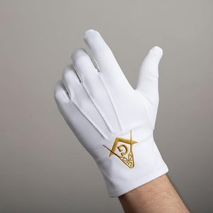 Gold Square & Compass Masonic Embroidered Cotton Gloves - [<b>White</b>] 100% Cotton Embroidered Masonic Symbol - Product Image 2