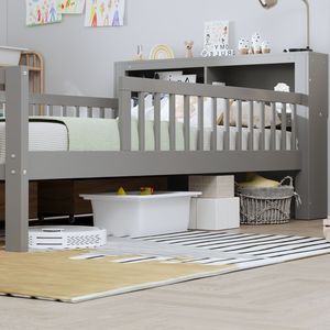 Letto singolo grigio per bambini con testiera, scaffale portaoggetti, due cassetti sottoletto e tre sponde laterali per sicurezza e protezione - Product Image 4