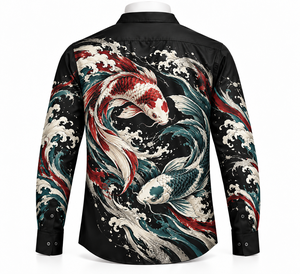 Herren Langarm-Hemd in Schwarz mit Knöpfen, Koi-Fisch und Meereswellen-Druck, Künstlerisches Casual-Oberteil, 100% Baumwolle, Atmungsaktiv - Product Image 2