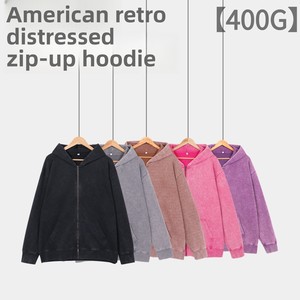 Pink Oversized <b>Zip</b>-Up <b>Hoodie</b> Unisex Casual Washed French Terry Sweatshirt Regular Fit Solid Color <b>Pocket</b> Design - Product Image 2