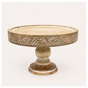 Support à gâteau artisanal en bois de manguier avec finition blanchie, socle rond pour présentation de desserts, idéal pour mariages, anniversaires et décorations. - Product Image 1