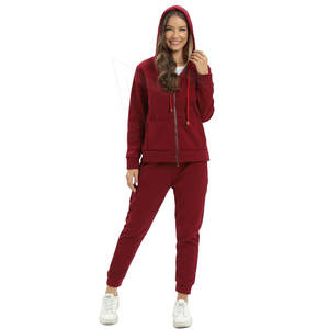 Women's Casual Red Solid Cotton Activewear 2-Piece <b>Set</b> with Sweatshirt & Joggers Loose Fit Eco-Friendly Sportswear All Seasons - Product Image 3