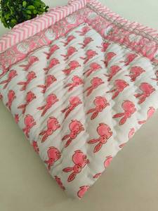 Rabbit <b>Pink</b> White Block Print Quilted <b>Throw</b> <b>Blanket</b> 100% Cotton Eco-Friendly Handmade Modern Hotel Luxury Oversized - Product Image 5