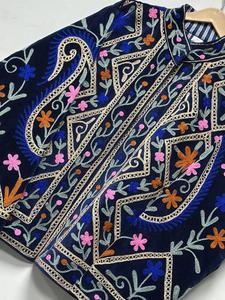Vintage Navy Blue <b>Velvet</b> Suzani Embroidered <b>Jacket</b> with Floral Pattern Full Sleeve Stand Collar Bohemian <b>Women's</b> Autumn Coat - Product Image 6