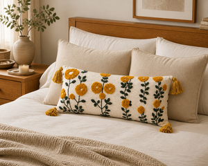 Custom Handmade Cotton Yellow Floral Embroidery Lumbar <b>Cushion</b> Boho Style Botanical Tufted <b>Long</b> Accent Pillow with Tassels - Product Image 4