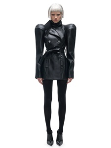 Chaqueta Corta de Mujer 2026 de Piel Sintética Estilo Gabardina con Hombros Extremadamente Acolchados, Doble Abotonadura y Cinturón, Estilo Gótico Punk - Product Image 1