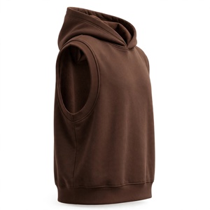 <b>Men's</b> <b>Sleeveless</b> Hooded Fleece Vest 100% Cotton Front Logo Brown Solid Color Casual Regular Fit Pocket Design Winter Wear - Product Image 5