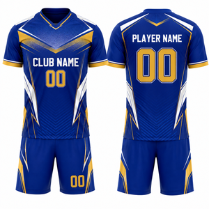 Ensemble de maillots de football personnalisés sublimés bleu or, col montant, manches courtes, anti-humidité, unisexe, adulte, léger, 100% coton - Product Image 1