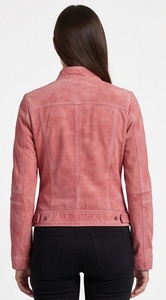 Wholesale Women Coral <b>Pink</b> <b>Tweed</b> Varsity <b>Jacket</b> Vintage Acid Wash Eco-Friendly Windproof Custom Stand Collar Multi Zip Outerwear - Product Image 3