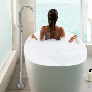 Grifos de ducha de alto caudal independientes con mezclador de mano para baño, grifo de bañera de níquel cepillado montado en el suelo, grifo independiente para bañera - Product Image 5