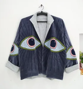 Veste en velours brodée Suzani faite à la main pour femme, col montant, motif œil porte-bonheur, style bohème ethnique, mode décontractée, vêtement d'extérieur vintage - Product Image 1