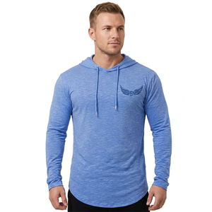 Men's Blue Hooded Long Sleeve Quick Dry Slim Fit Casual Sweatshirt Knitted <b>Polyester</b> Spring Wear - Product Image 6