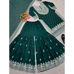 Trabajo de secuencia de bordado pesado Top indio y pakistaní-Gharara y Dupatta - Product Image 5