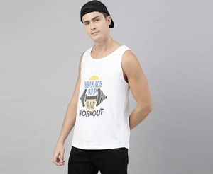 Camiseta sin mangas blanca para hombre, con estampado de Wake Up And Workout, cuello redondo, informal, transpirable, de algodón, ropa deportiva - Product Image 1