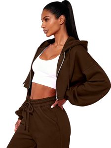 Ensemble de survêtement marron à capuche pour femme, manches longues, fermeture éclair, décontracté, avec poches latérales, pantalon large - Product Image 4