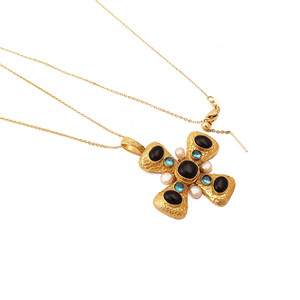 Black Onyx Gold Plated Cross Pendant <b>Necklace</b> with Swiss Blue Topaz and Pearl <b>Statement</b> Gemstone Jewelry - Product Image 3