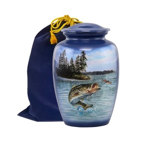 Black Cremation <b>Urn</b> with Fishing Silhouette Design for Adult Ashes Storage Container Decorative <b>Large</b> Aluminium <b>Urn</b> With Lid - Product Image 4
