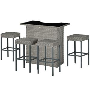 High Top 5-Piece Outdoor Bar <b>Set</b> Rattan Wicker <b>Table</b> <b>and</b> Chairs with 4 Gray Bar <b>Stools</b> 2 Shelves PE Material for Hospital Use - Product Image 1