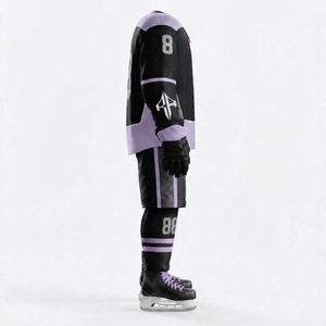 Ensemble complet d'uniforme de hockey sur glace à manches longues, impression par transfert thermique, col en V, taille élastique, 100 % polyester, qualité supérieure pour hommes - Product Image 4