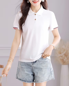 Women's Jersey Polyester/Cotton 160g Quick Dry Breathable Knitted Casual Short Sleeve Front Custom Logo Top for Golf Tennis - Product Image 4