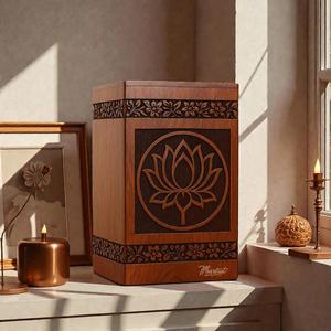 Handcrafted Wooden Lotus Cremation Urn Floral Carved <b>Memorial</b> Keepsake <b>Box</b> for human ashes medium size 9x5.5 urn <b>box</b> - Product Image 1
