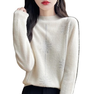 Diamant 100% pull en laine mérinos 2024 nouvelle mode féminine automne/hiver sweat à capuche chaud élégant demi col haut pull tricoté haut - Product Image 3