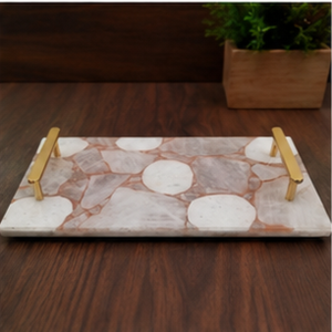 Plateau de rangement rectangulaire en marbre avec poignées en métal doré, design moderne, accessoire de table pour salon - Product Image 2