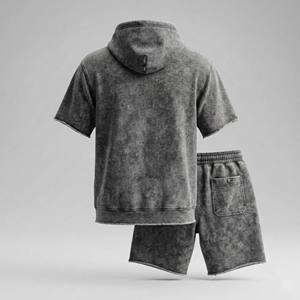 Conjunto de Sudadera con Capucha de Manga Corta para Hombre, Estilo Vintage, Felpa Gruesa, Transpirable, Verano, Borde Crudo, Lavado Ácido, Gris, Dos Piezas - Product Image 2