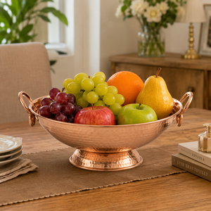 Bol de service en cuivre pur martelé à la main avec poignées, bol à fruits sur piédestal, vaisselle décorative en métal, bol de cuisine et de salle à manger, vente en gros - Product Image 2