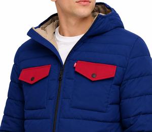 Men's Blue Puffer <b>Jacket</b> Red <b>Pocket</b> <b>Zipper</b> Front Windproof Casual Winter Outerwear Regular Fit Solid Color Fleece Lined Filled - Product Image 5