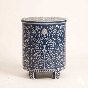 Table de chevet ronde bleu marine en nacre personnalisée avec 1 tiroir, incrustation florale, meuble artisanal, décoration de meubles - Product Image 2