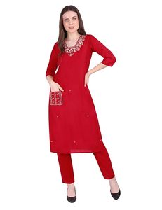 SAZU Red <b>Kurta</b> Set for <b>Women</b> with Embroidered Dupatta | Elegant 3 Piece Ethnic Wear Suit Set for Festivals, Parties & Weddings - Product Image 5