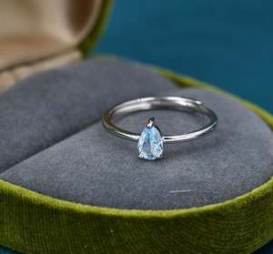 Bague en topaze bleue naturelle, argent sterling 925, taille poire 4x6mm, sertie à griffes, taille ajustable, prête pour la fiançailles, luxe - Product Image 1