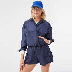 Women Lightweight Quick Dry Sporty Tracksuit Set Full Sleeve Half-Zip Solid Color Shorts Drawstring Closure Summer Wear - Product Image 1